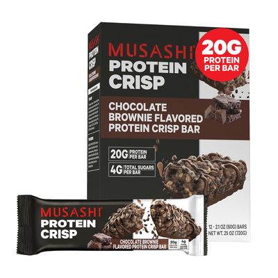 MUSASHI Protein Crisp Bar, 20g Protein, 4g Total Sugars, Chocolate Brownie, Post Workout and Protein Snack On The Go, 12 Pack of 2.1oz (60g) Bars