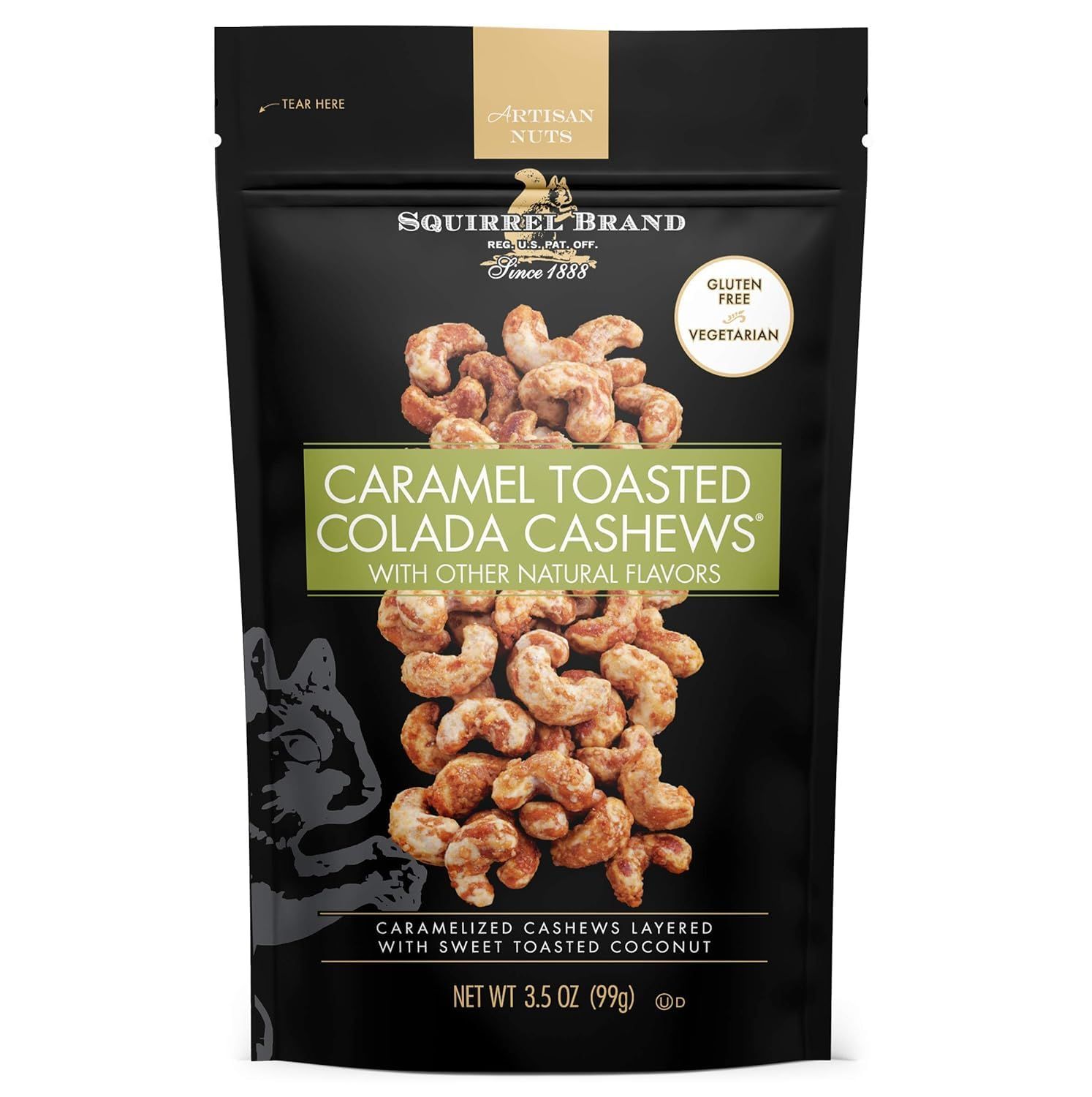 SQUIRREL BRAND Caramel Toasted Colada Cashews 3.5 oz Resealable Bag with sweet toasted coconut, natural flavors