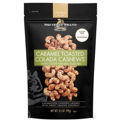SQUIRREL BRAND Caramel Toasted Colada Cashews 3.5 oz Resealable Bag with sweet toasted coconut, natural flavors