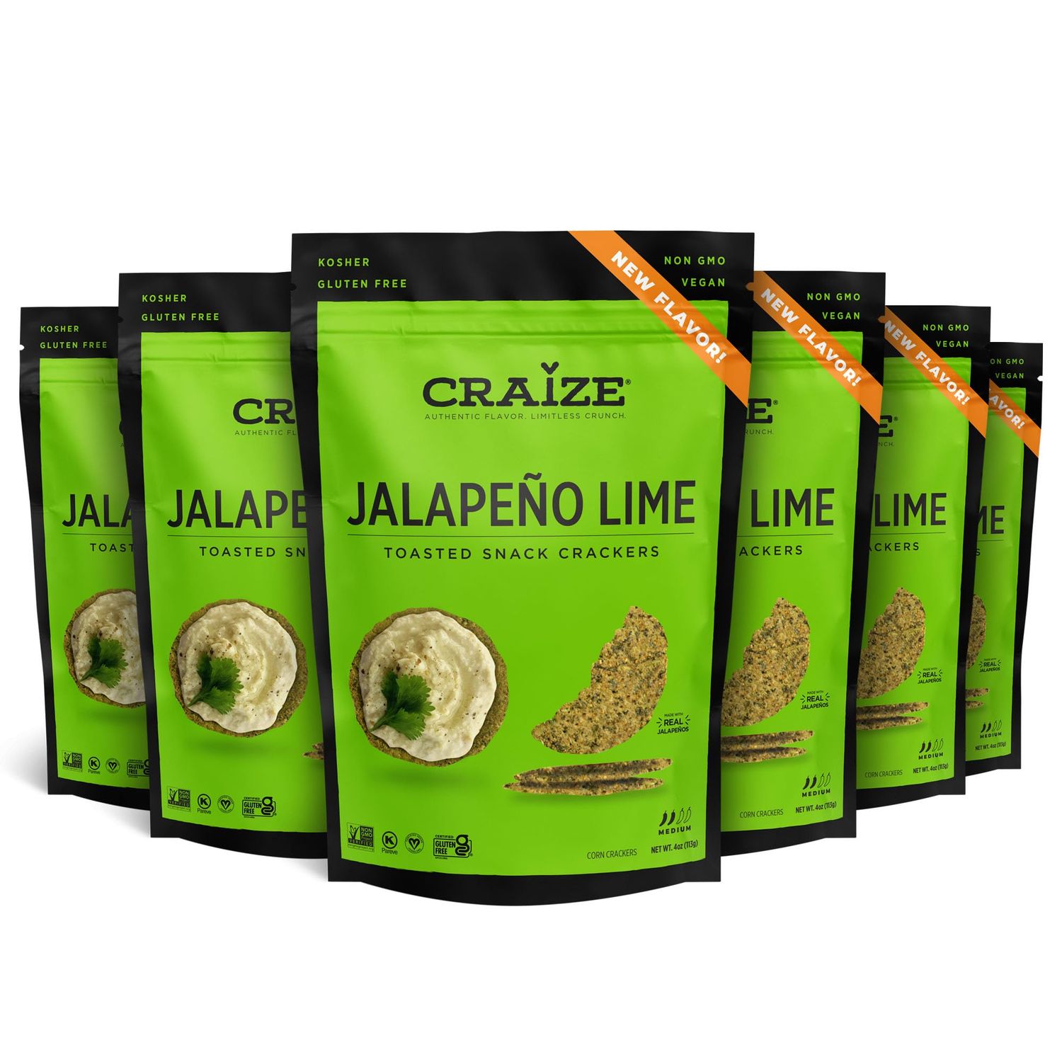 Craize NEW FLAVOR Jalapeo Lime Crisps  Gluten Free, Vegan, Kosher, Toasted Corn Crackers  6 pack, 4 oz each