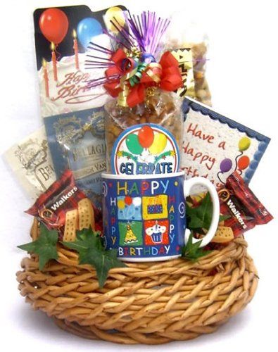 Gift Basket Village - Birthday Bash Party Gift Basket: Mug, Cookies, Snack Mix, Pretzels, Brownies, Crossword Book &amp; Chocolate Spoons - Handcrafted in USA