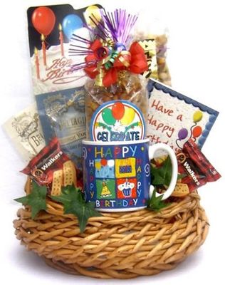 Gift Basket Village - Birthday Bash Party Gift Basket: Mug, Cookies, Snack Mix, Pretzels, Brownies, Crossword Book &amp; Chocolate Spoons - Handcrafted in USA