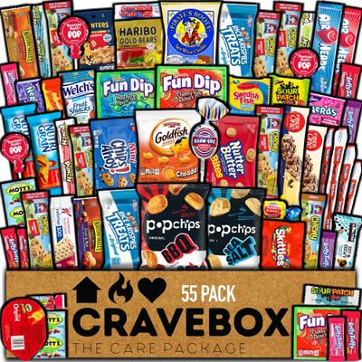 CRAVEBOX Snack Box (55 Count) Valentines Day Variety Pack Care Package Gift Basket Adult Kid Guy Girl Women Men Birthday College Student Office Back to School