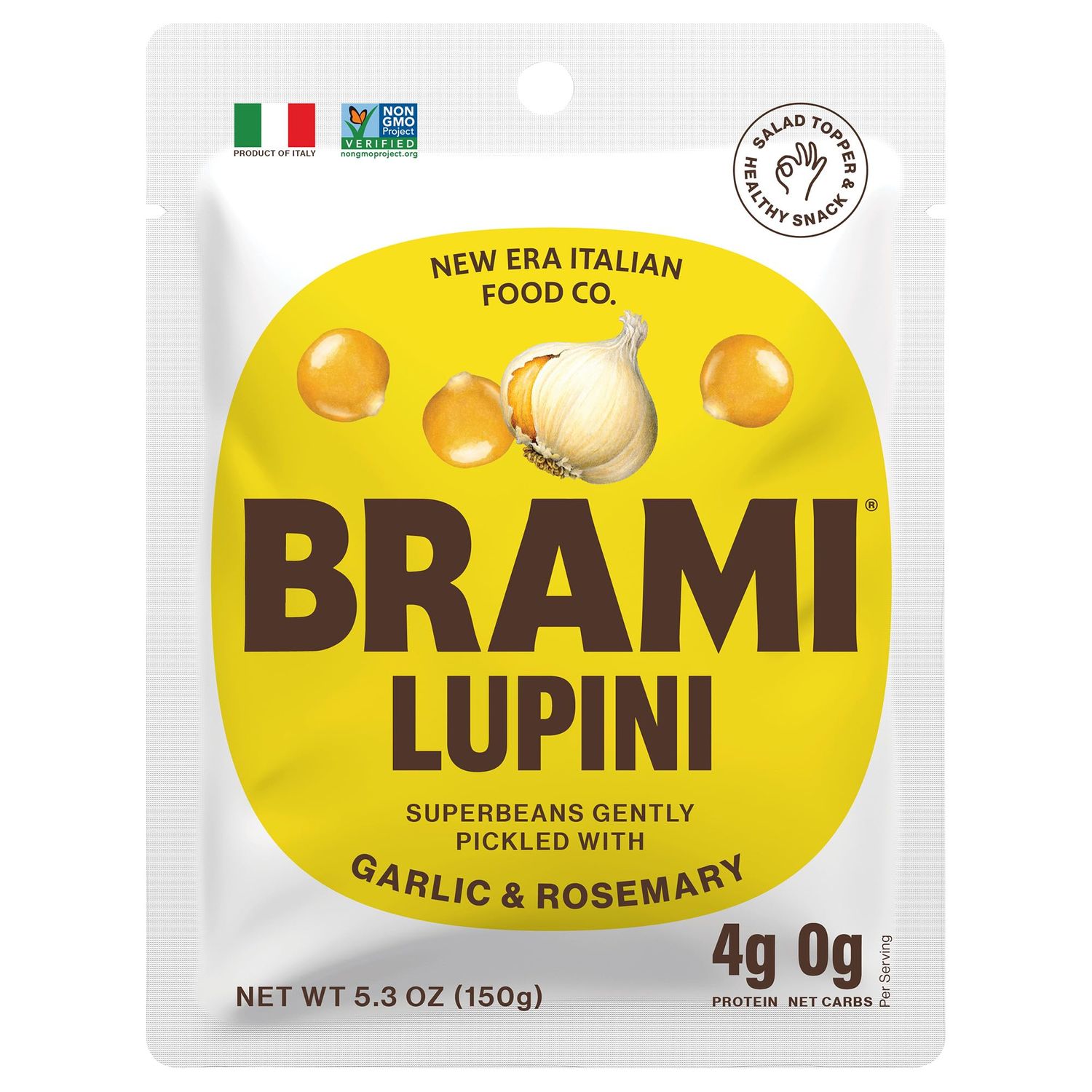 BRAMI Lupini Beans Snack, Garlic &amp; Rosemary, 7g Plant Based Protein, 0g Net Carbs, Vegan, Vegetarian, Keto, Mediterranean Diet, Non Perishable, 5.3 Oz