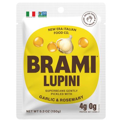 BRAMI Lupini Beans Snack, Garlic &amp; Rosemary, 7g Plant Based Protein, 0g Net Carbs, Vegan, Vegetarian, Keto, Mediterranean Diet, Non Perishable, 5.3 Oz