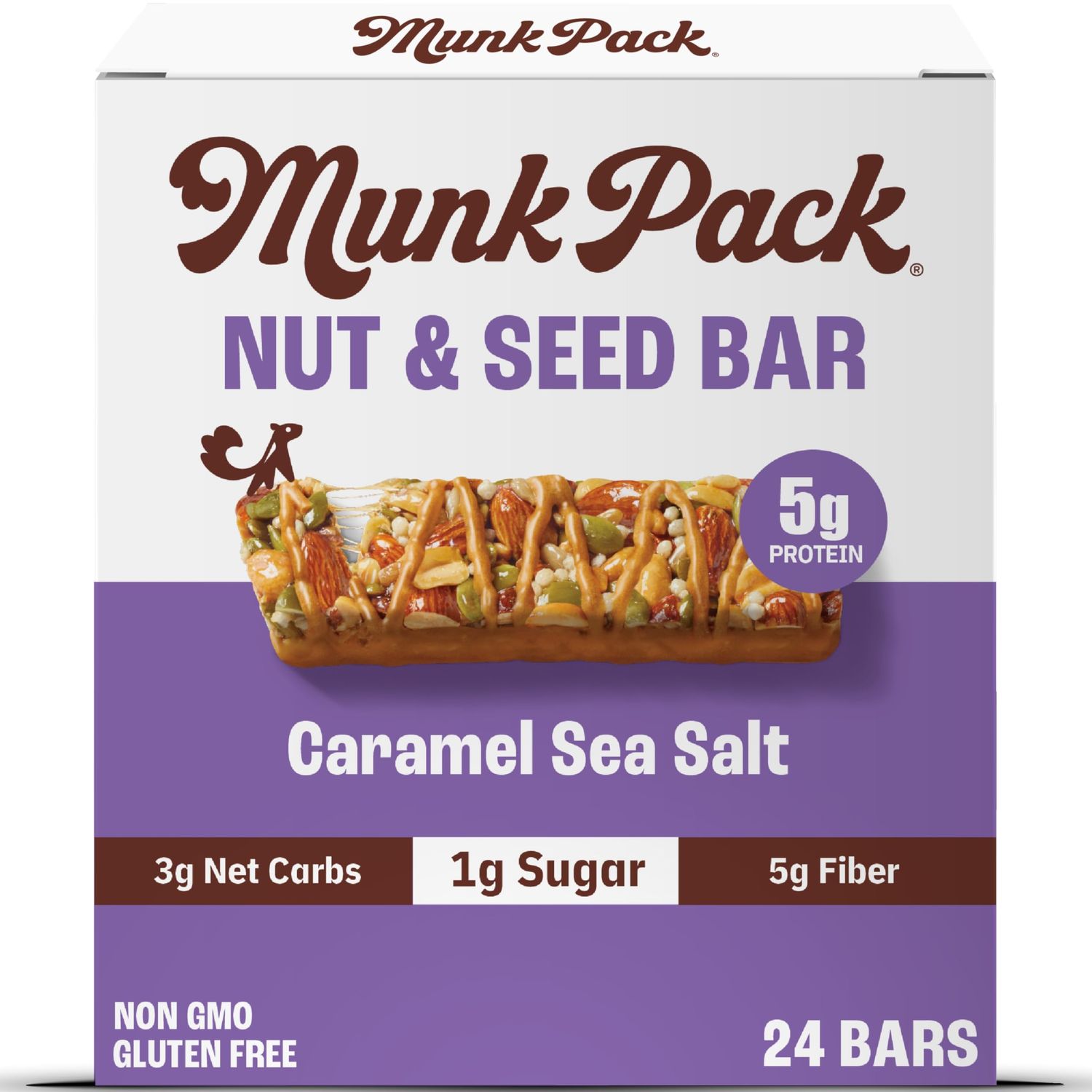 Munk Pack Keto Snack Bars, Caramel Sea Salt - Low Carb Nut Bar with 5g Protein, 1g Sugar with Allulose - Gluten Free &amp; Low Glycemic - 24 Count