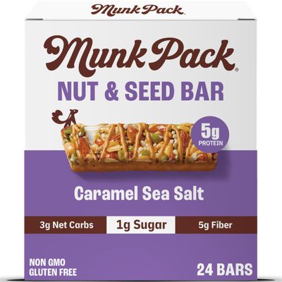 Munk Pack Keto Snack Bars, Caramel Sea Salt - Low Carb Nut Bar with 5g Protein, 1g Sugar with Allulose - Gluten Free &amp; Low Glycemic - 24 Count