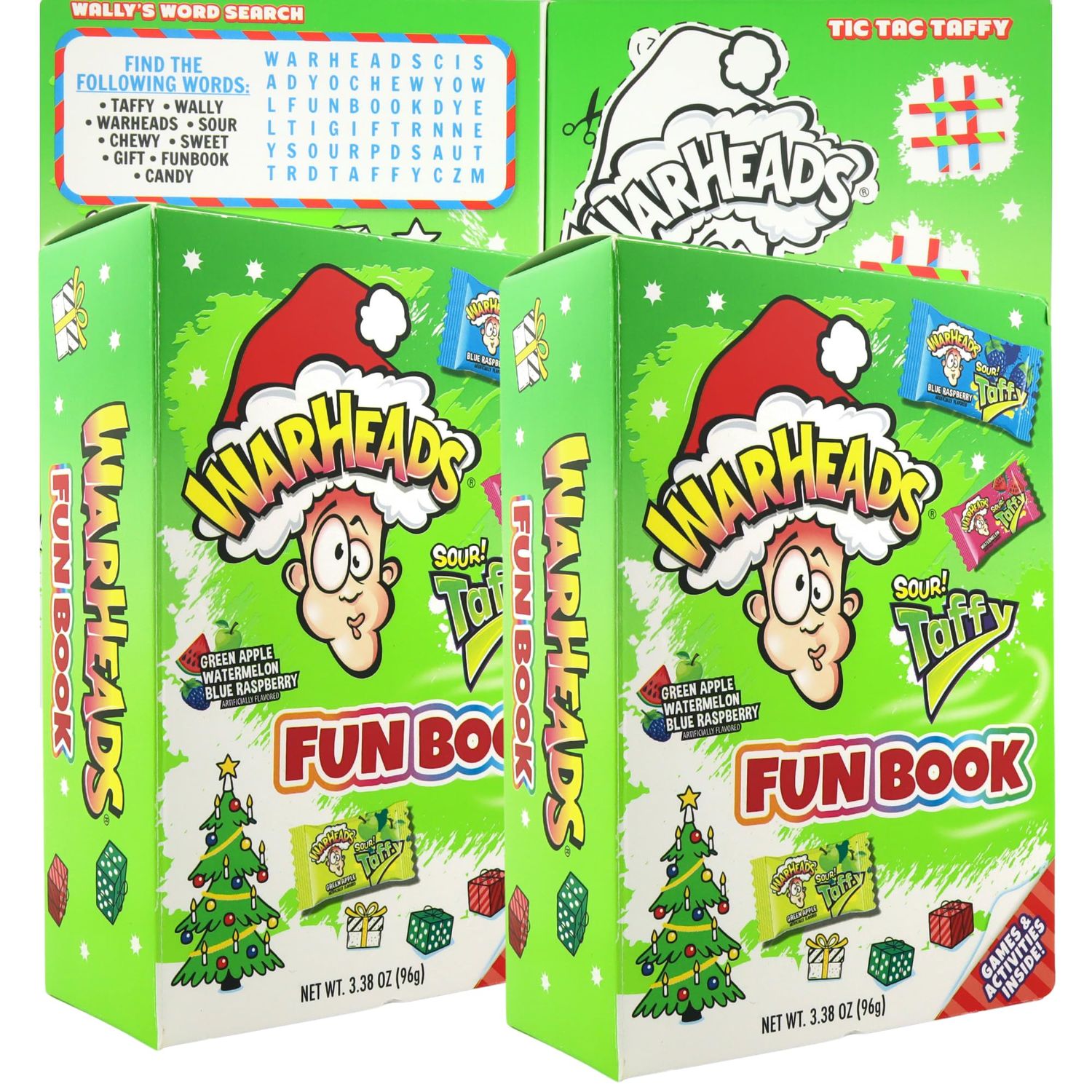 Christmas Stocking Stuffer Activity Book with Sour Taffy Candy, Individually Wrapped Fruit Flavored Taffies, (Pack of 2)