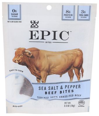 EPIC Beef Sea Salt Pepper Bites, Jerky, Keto Friendly, Whole30, 2.5 oz Pouch
