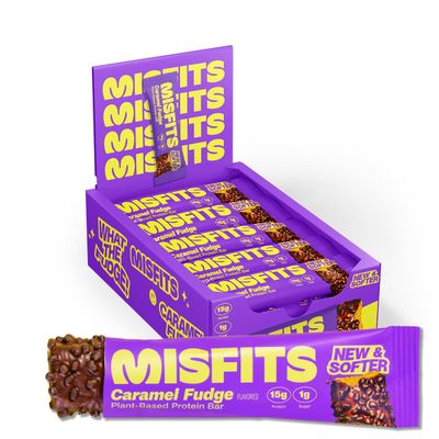 Misfits Vegan Protein Bars, Caramel Fudge - Updated Recipe | Plant Based, Low Sugar &amp; Carb, High Fiber Snacks | Pack of 15