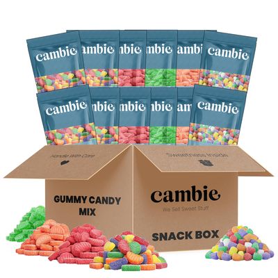Gummy Candy Variety Pack by Cambie, 3 lb Snack Box of Assorted Candy, Collection of Bulk Candy, Gummies Candy Gift Box, Perfect for Movie Nights, Office Snacks, Celebrations &amp; More, Pack of 12
