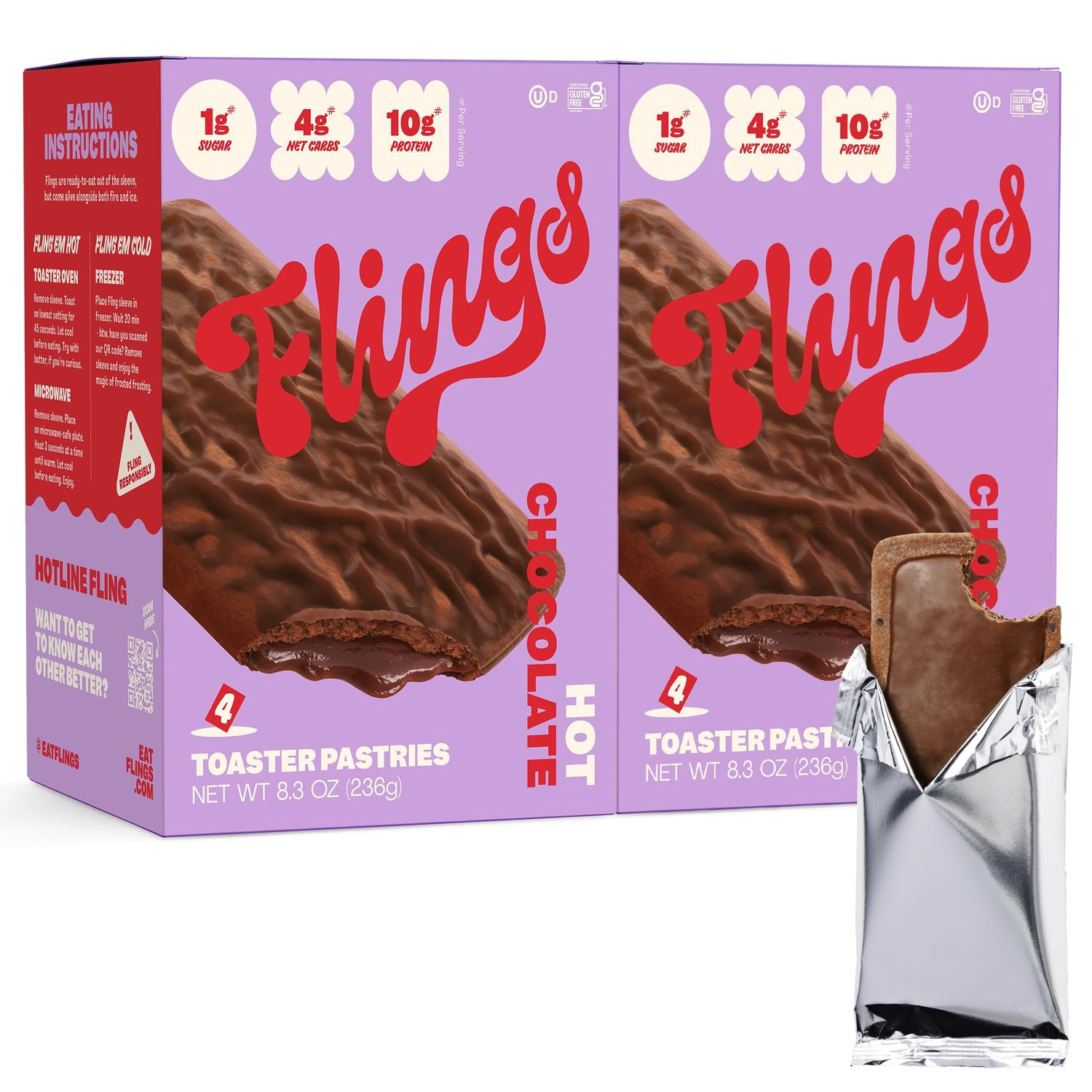 FLINGS Toaster Pastries - Chocolate | High Protein, No Sugar Added, Low Carb, Gluten Free, Keto Friendly | 2 Pack (8 Chocolate Pastries)
