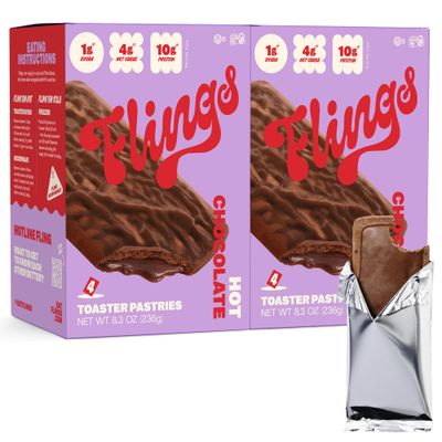 FLINGS Toaster Pastries - Chocolate | High Protein, No Sugar Added, Low Carb, Gluten Free, Keto Friendly | 2 Pack (8 Chocolate Pastries)