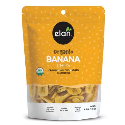 Elan Organic Banana Chips, 4.8 oz, Non-GMO, Vegan, Gluten-Free, Kosher, Sweetened with Organic Sugar, Crunchy Snacks, Sweet Snacks