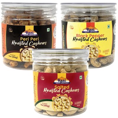Rani Roasted Cashews Variety Pack (Salted, Black Pepper, Peri Peri) 7oz (200g) Pack of 3, PET Jar, Non-Fried, Oil Free  All Natural | Vegan | Gluten Friendly | NON-GMO | Kosher | Air Roasted