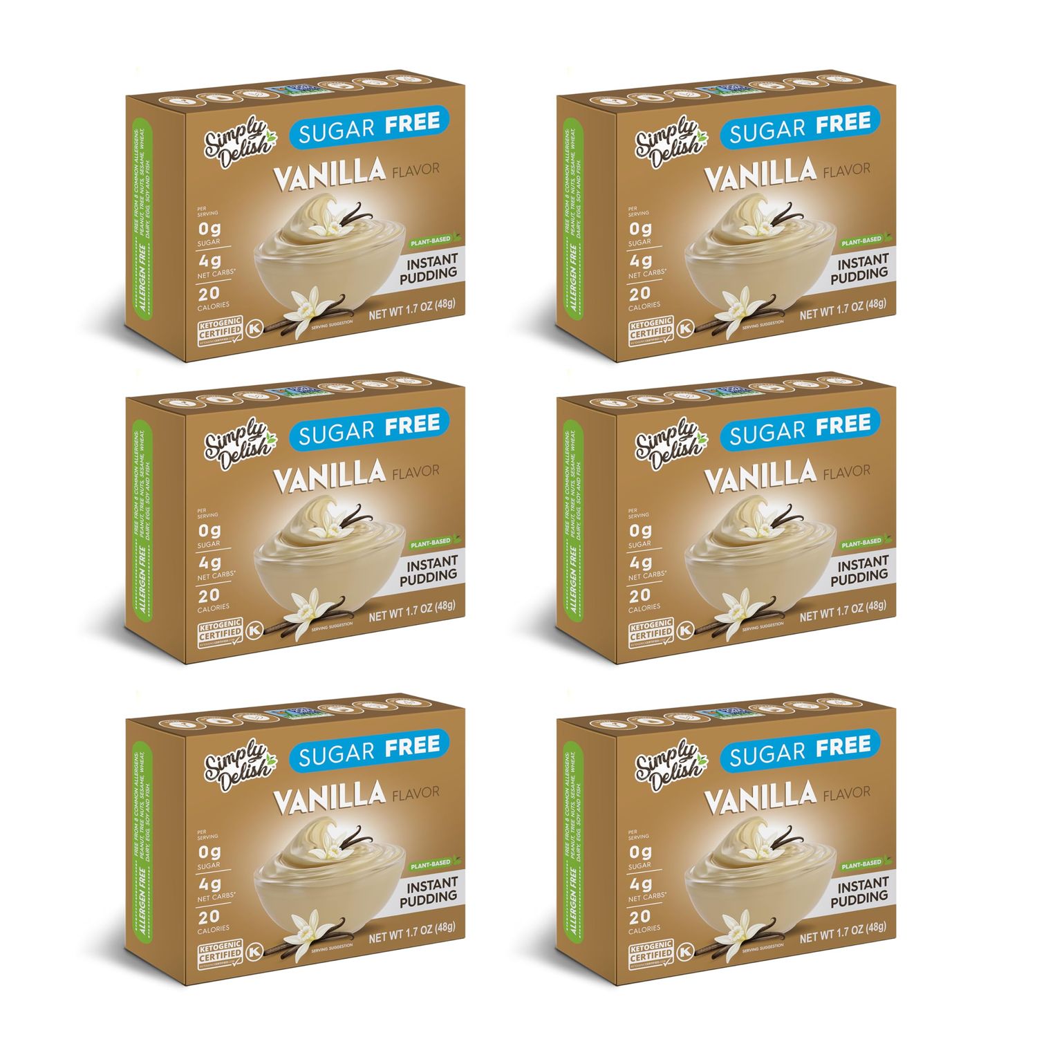 Simply Delish Instant Delicious Vanilla Keto Pudding 6 pack - Low Carb, Zero Sugar, Gluten Free, Allergen Free, Non-GMO, Vegan &amp; Plant-Based