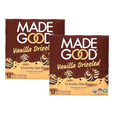 (Pack of 2) Vanilla Drizzled Crunchy Oat Bites, Cookies &amp; Creme, Organic Snacks, No Artificial Flavors, Nut Free, (0.85oz x 5 Packs :4.25oz)