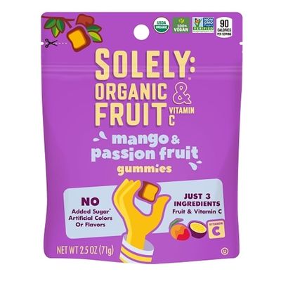 Solely Organic Fruit Gummies, Mango &amp; Passionfruit, Fruit &amp; Vitamin C, No Artificial Colors or Flavors, No Added Sugar, Vegan Friendly, Kosher, USDA Certified Organic, Non-GMO, 2.5 Ounce (Pack of 12)