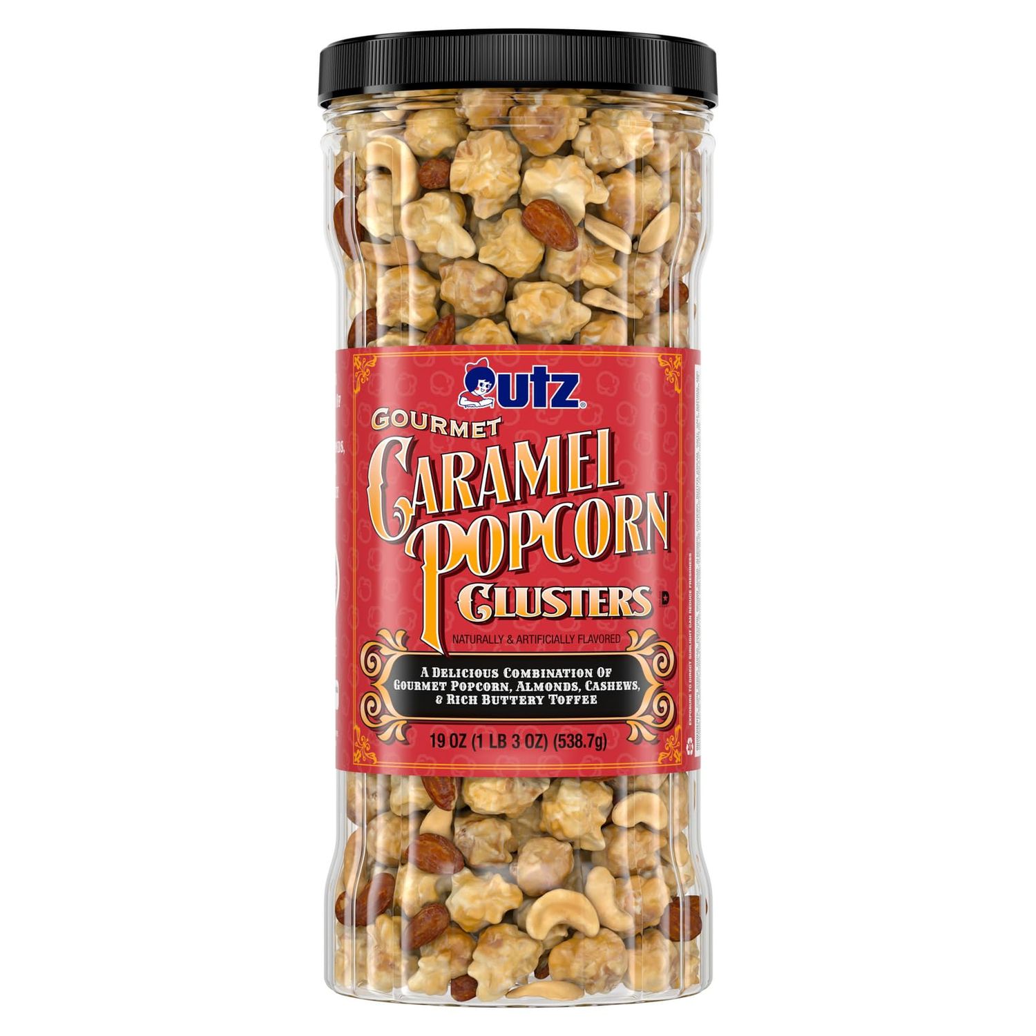 Utz Gourmet Popcorn Clusters, Caramel Nut Clusters - 19 oz. Barrel - Crunchy Popcorn Snack Mix with Almonds, Cashews, and Buttery Toffee, Trans Fat Free, Cholesterol Free, Gluten Free Snacks