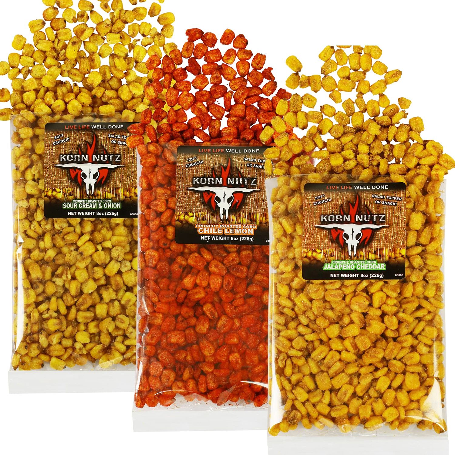 Chile Lemon, Jalapeno Cheddar, Sour Cream &amp; Onion Toasted Corn | Soft Crunch Roasted Corn Kernels Variety Pack | Runnin Wild Foods | 1.5-pound total (Box of 3 bags, 8oz each)