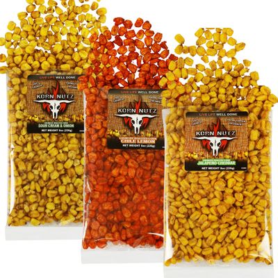 Chile Lemon, Jalapeno Cheddar, Sour Cream &amp; Onion Toasted Corn | Soft Crunch Roasted Corn Kernels Variety Pack | Runnin Wild Foods | 1.5-pound total (Box of 3 bags, 8oz each)