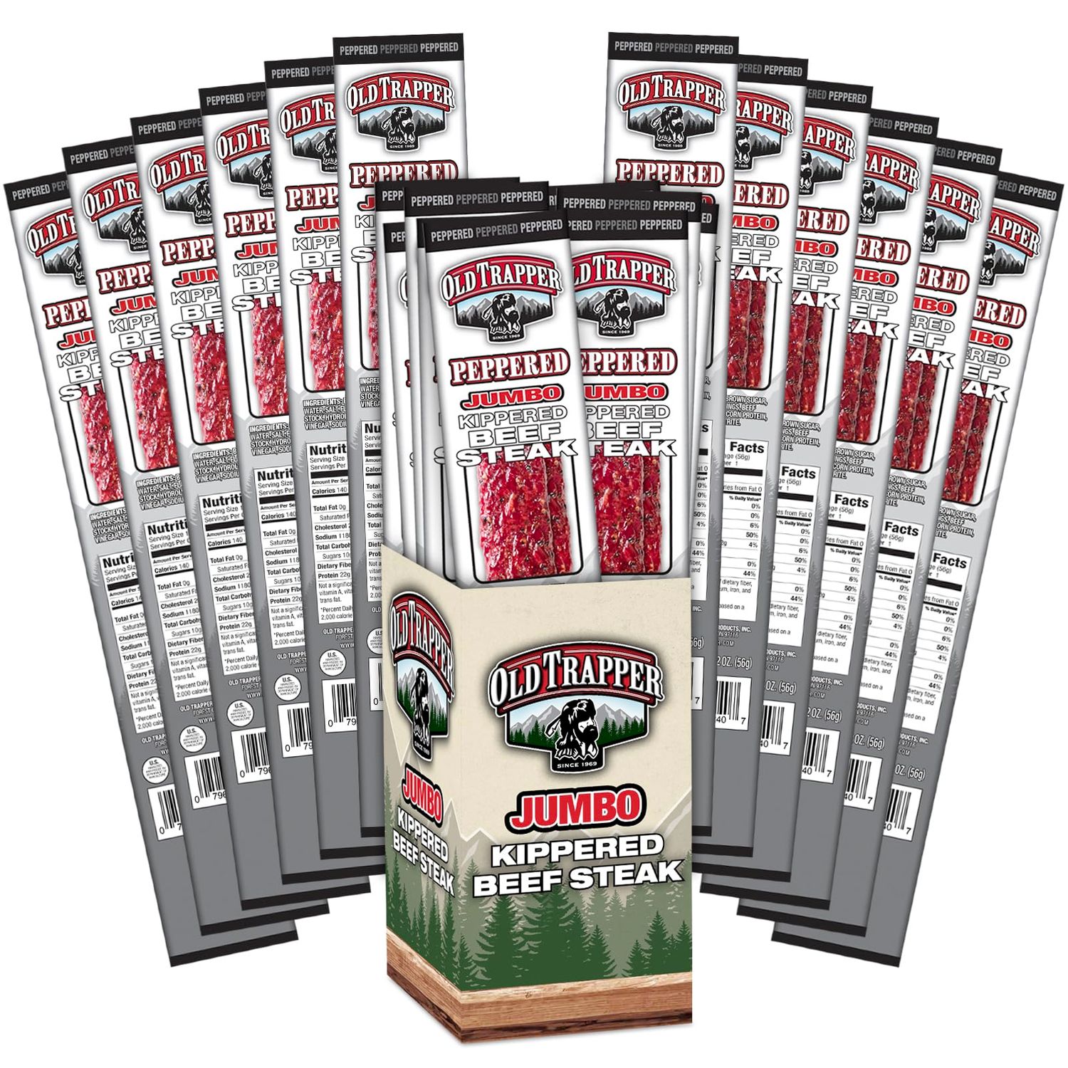 Old Trapper Kippered Steak, Peppered Flavor, Two-Ounce Individually Wrapped Packages, Spicy Meat Snack for Between Meal Bites, 22 Grams of Protein per Serving (Pack of 12)