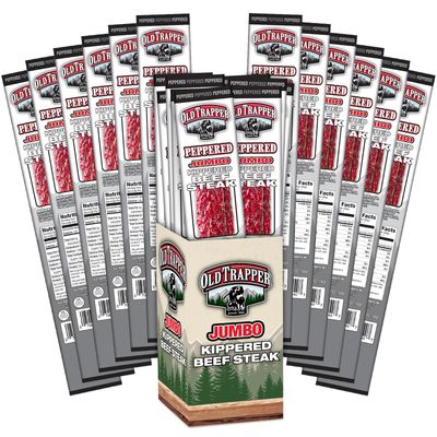 Old Trapper Kippered Steak, Peppered Flavor, Two-Ounce Individually Wrapped Packages, Spicy Meat Snack for Between Meal Bites, 22 Grams of Protein per Serving (Pack of 12)