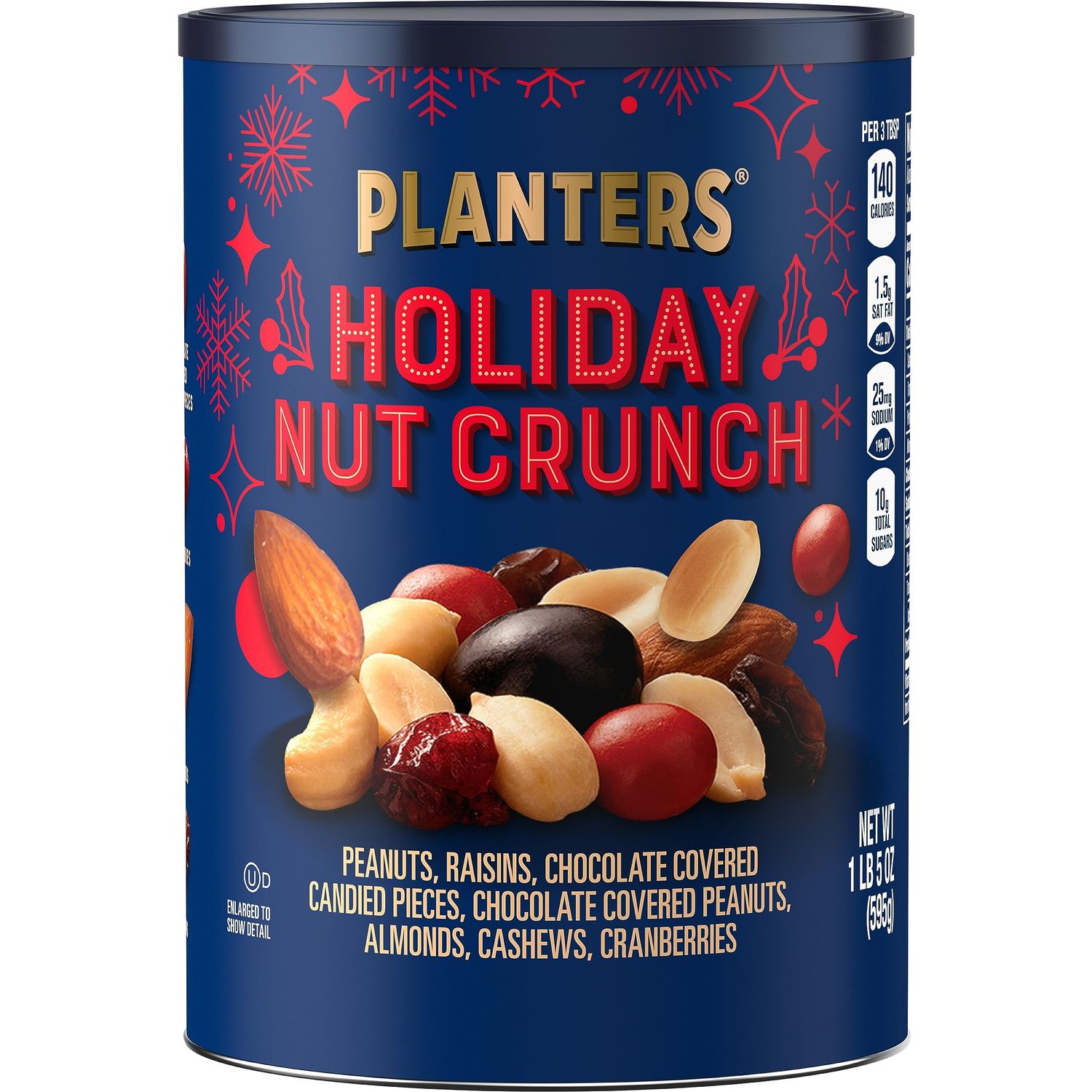 PLANTERS Holiday Nut Crunch Mix with Peanuts, Raisins, Chocolate Covered Peanuts, Almonds, Cashews, Cranberries, Holiday Snack, Party Nut Mix, 21oz Canister