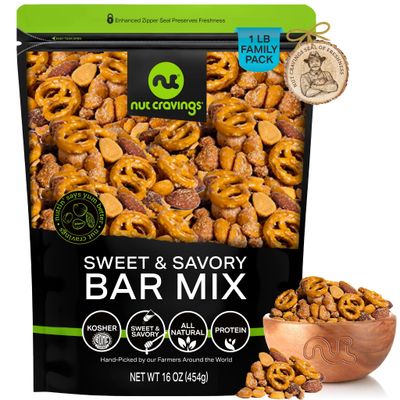 NUT CRAVINGS - Party Bar Nut Mix, Sweet &amp; Savory Pub Snack - Smoked Almonds, Pretzels, Toffee Peanuts, Spicy, Honey Roasted Peanut (16oz - 1 LB) Packed Fresh in Resealable Bag - Healthy Protein Kosher