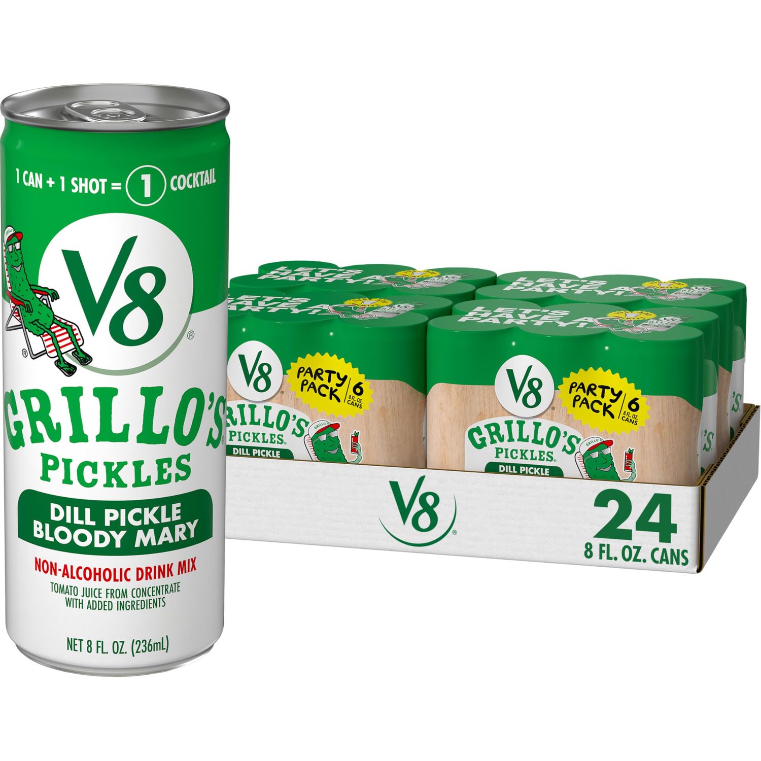 V8 Grillo&#39;s Pickles Dill Pickle Bloody Mary Mix, 8 fl oz Can (24 Pack)