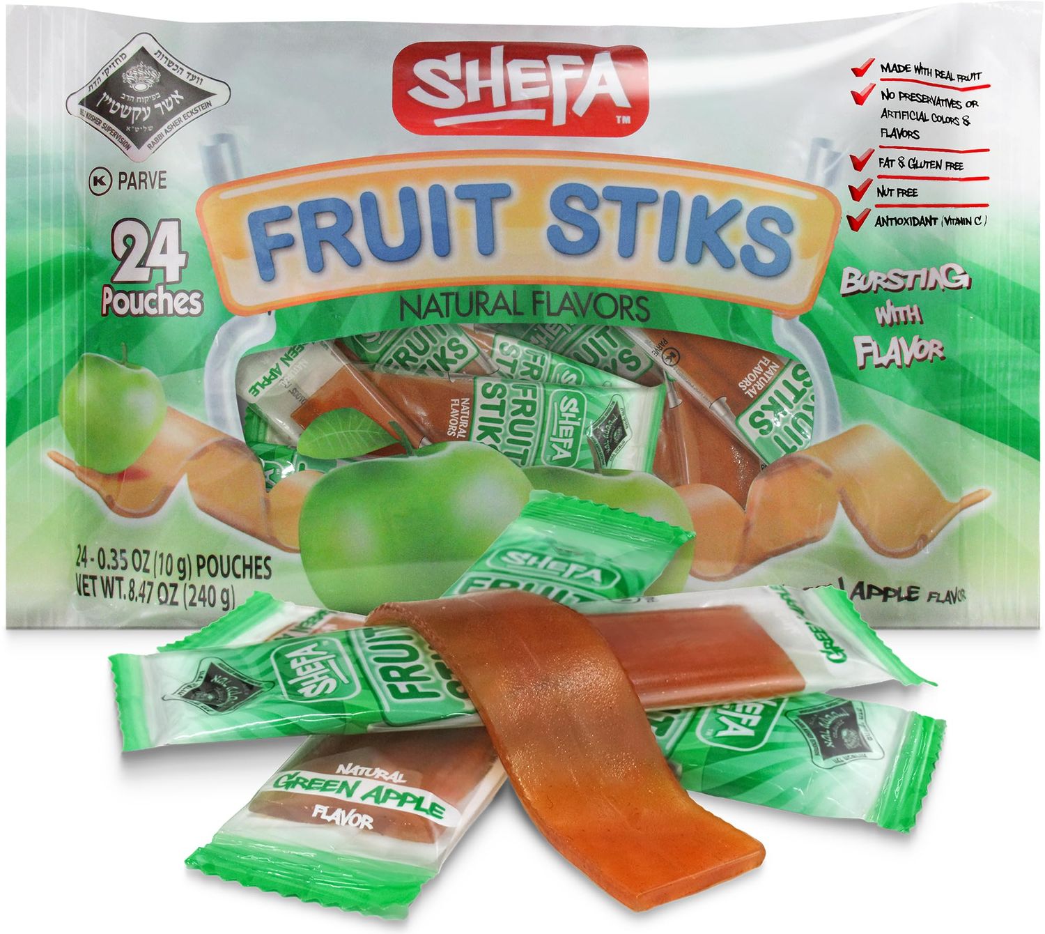 Shefa Mini Green Apple Fruit Sticks, 24 CT | All Natural Fruit Snacks | Nothing Artificial | Individually Wrapped