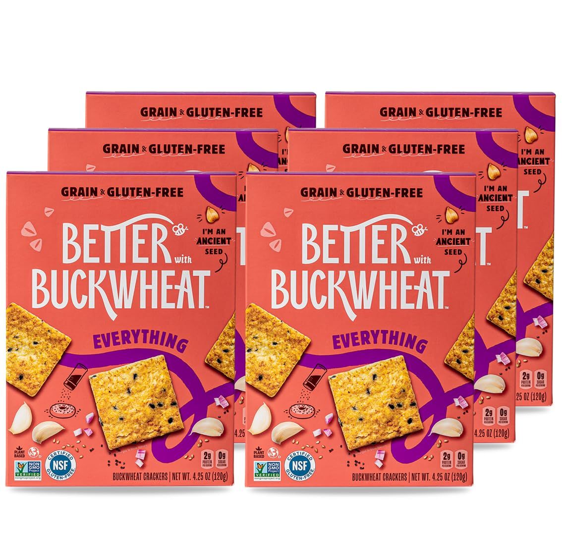 Better with Buckwheat Everything Crackers, 6-Pack - A Complete Protein, Gluten-Free Crackers, Healthy Snack Crackers, Grain-Free, Non-GMO, Sugar-Free - Pair with Cheese, Hummus &amp; Dips