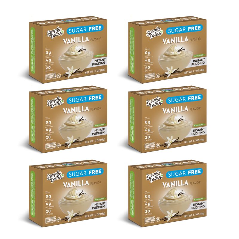 Simply Delish Instant Delicious Vanilla Keto Pudding 6 pack - Low Carb, Zero Sugar, Gluten Free, Allergen Free, Non-GMO, Vegan &amp; Plant-Based