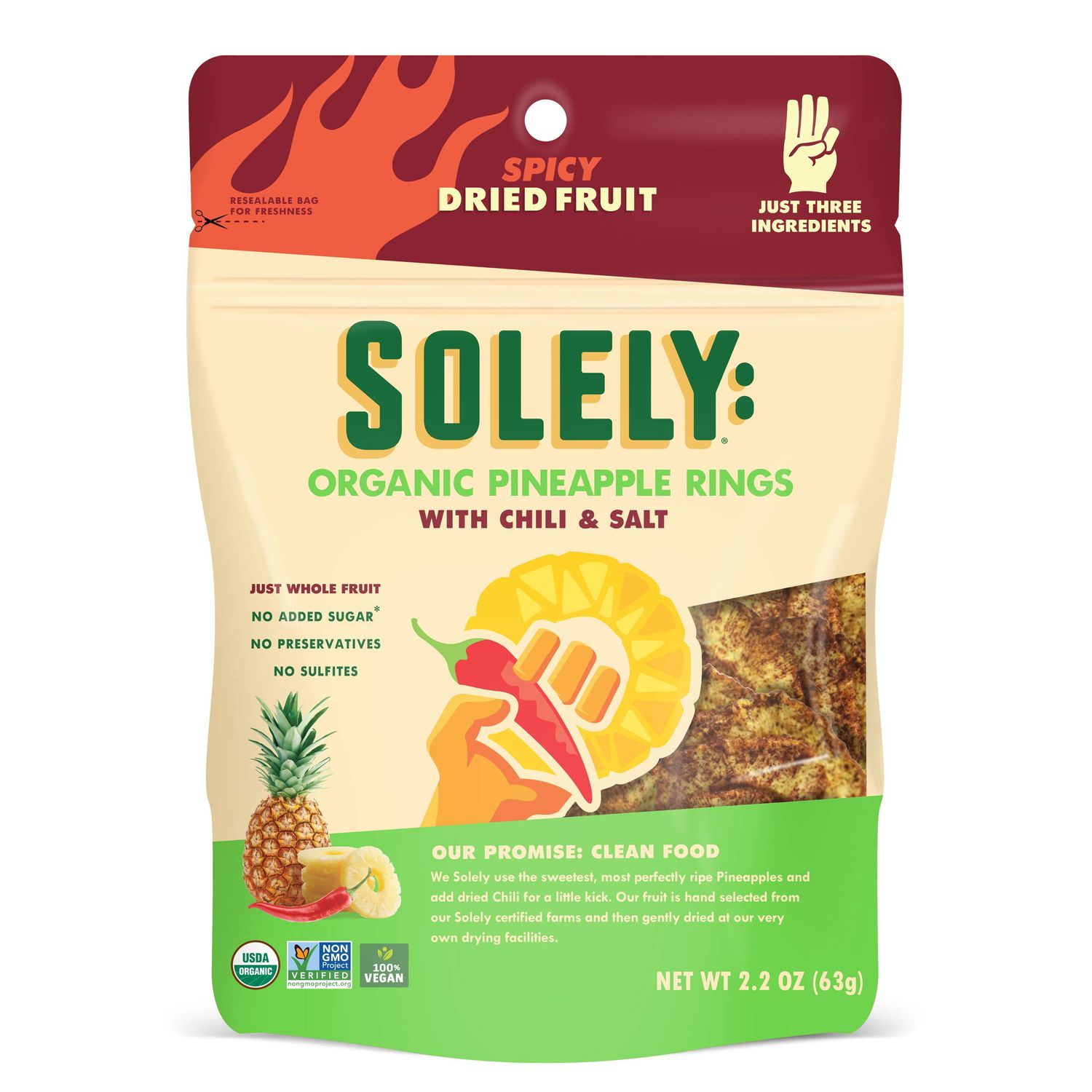 SOLELY - Organic Dried Pineapple, Chili, &amp; Salt Rings (2.2 oz Resealable Bag) - Real Fresh Fruit - 3 Ingredients - Healthy Snacks for Adults &amp; Kids - Non GMO, Vegan Snacks, Shelf Stable - 1 Bag (63g)