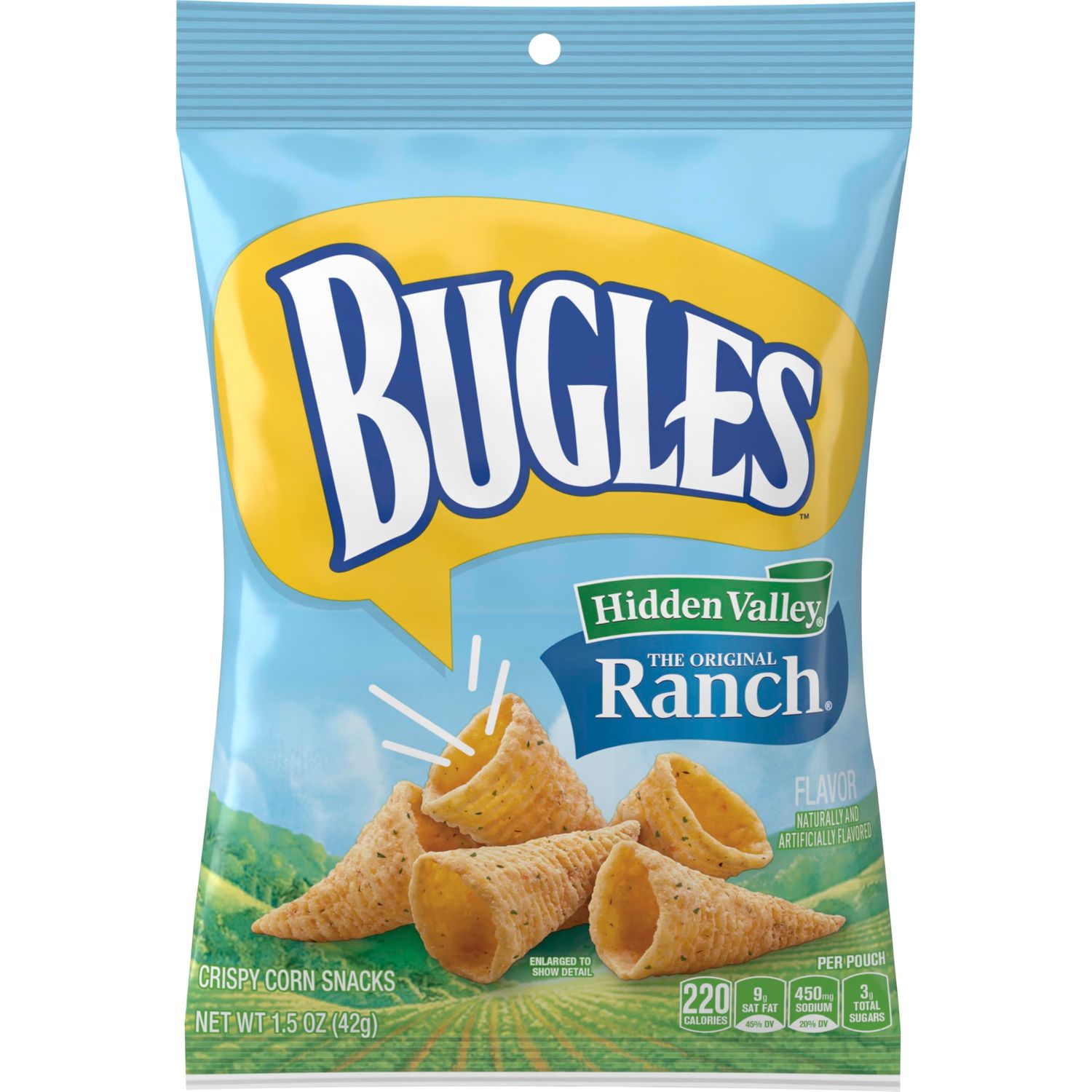 Bugles Crispy Corn Snacks, Hidden Valley Ranch Flavor, Snack Bag, 1.5 oz (pack of 36)