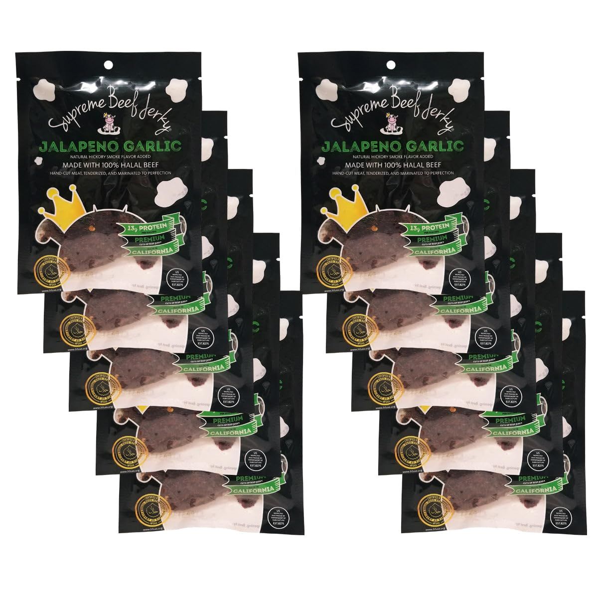 Supreme Beef Jerky, Halal Beef Jerky, Zabiha Halal Certified Jerky, Handcrafted Gourmet Meat Snacks, 10-Pack 2.5 oz, Jalapeno Garlic, Brown, 2.5 Ounce (Pack of 10)