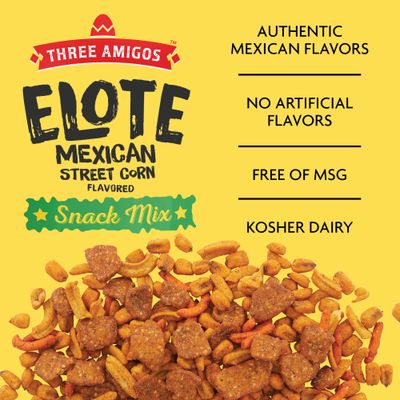 Three Amigos - Elote Mexican Street Corn Snack Mix- Deliciously Crunchy, Tangy, Hot, Sweet &amp; Spicy Snacks - Gourmet Roasted Variety Food Snacks for Adults and Kids (ELOTE MIX 2.25 oz.12 Pack)