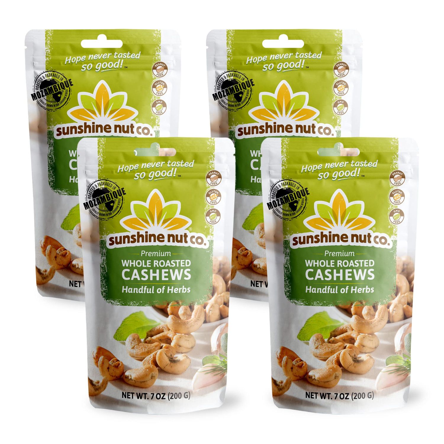 Sunshine Nut Co. Whole Roasted Lightly Salted Cashews, Handful of Herbs Flavor, 4 Pack, 7 oz. Each, Gluten Free, Peanut Free and Vegan Individual Snack Packs for Kids and Adults, GMO Free