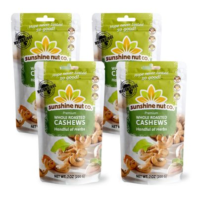 Sunshine Nut Co. Whole Roasted Lightly Salted Cashews, Handful of Herbs Flavor, 4 Pack, 7 oz. Each, Gluten Free, Peanut Free and Vegan Individual Snack Packs for Kids and Adults, GMO Free