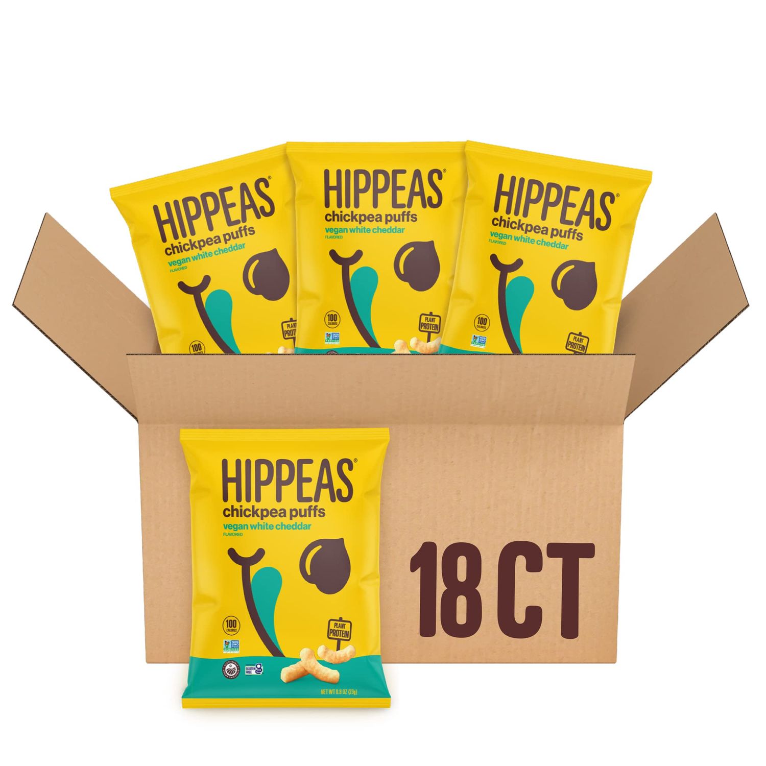 Hippeas Chickpea Puffs, Vegan White Cheddar, 0.8 Ounce (Pack of 18), 3g Protein, 2g Fiber, Vegan, Gluten-Free, Crunchy, Plant Protein Snacks