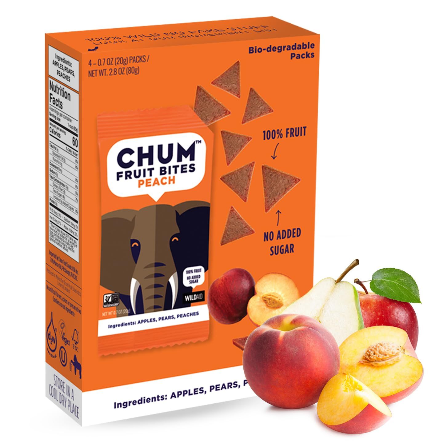 Chum Fruit Snacks 100% Real Fruit Snack for Children and Adults (Peach, 24 Pack) - No Added Sugar, All-Natural Convenient Healthy Snack (Nut Free, Gluten Free, Vegan, Kosher, Paleo, Non-GMO)