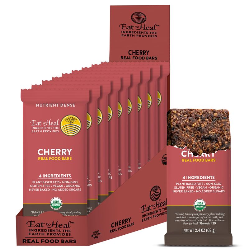 EatToHeal Cherry Real Food Bar - Organic Vegan Healthy Gluten Free Protein Bars - Low Sugar Meal Replacement Bar, Non GMO, Never Baked, Plant Based - Crafted to Enjoy, Not Sit on Shelves