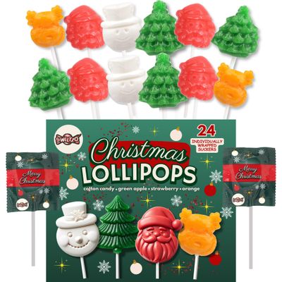 Individually Wrapped Christmas Lollipops, Reindeer, Snowman, Santa, and Tree, Stocking Stuffers and Party Favors, 24 Suckers