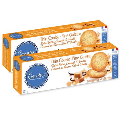 Gavottes French Butter Cookie 2 Pack | Salted Butter Caramel &amp; Vanilla Cookies | Butter Cookies with Caramel &amp; Vanilla From France | 4 Snack Packs per Box (2 boxes of 16 cookies | 2 x 4.23oz120g)