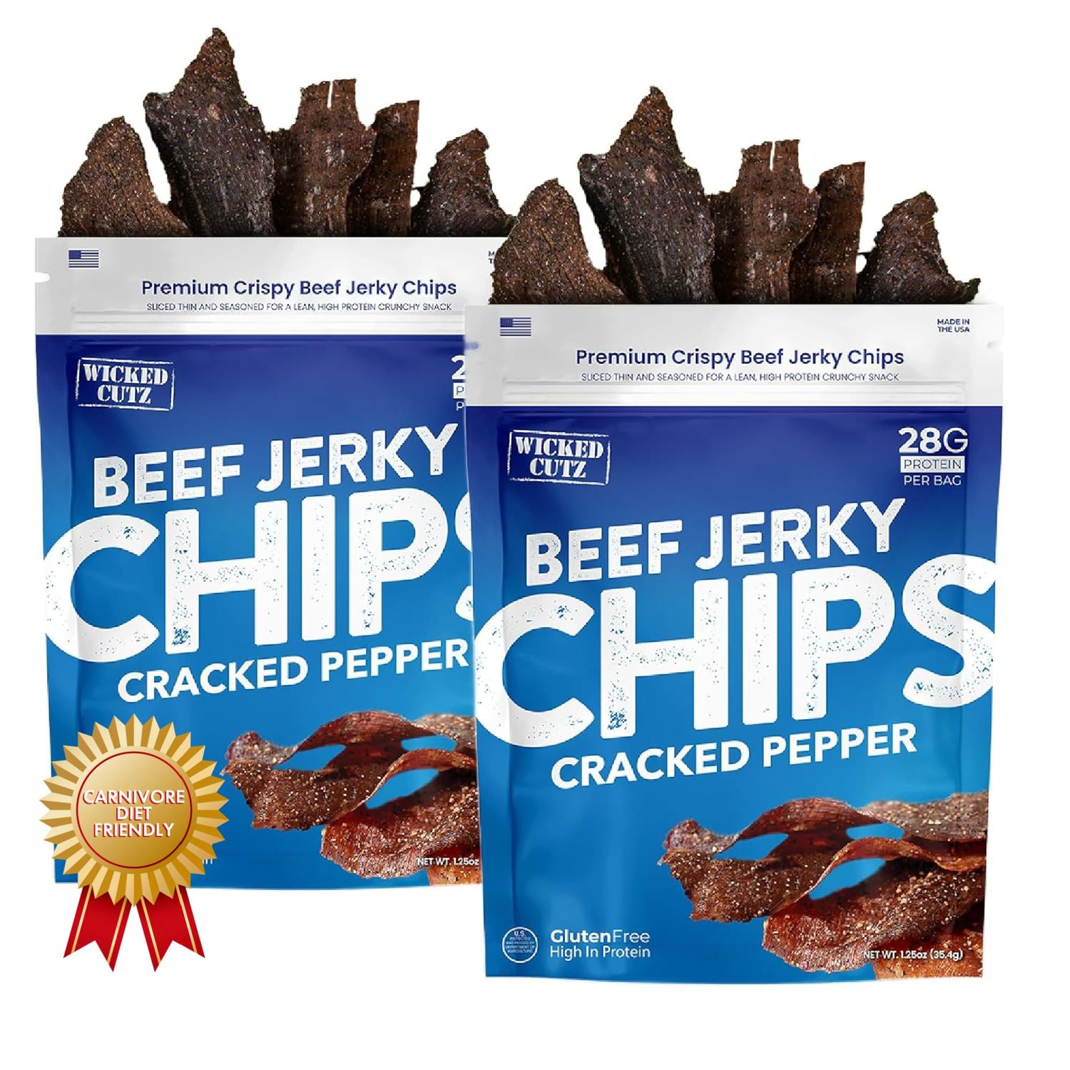 Cracked Pepper Beef Jerky Chips - Thin, Crispy, Crunchy Beef Jerky Crisps with 28G Protein Per Bag &amp; Only 4 Ingredients, Carnivore Diet Snacks, Healthy Snacks for Adults, 1.25oz Each (2 Bags)