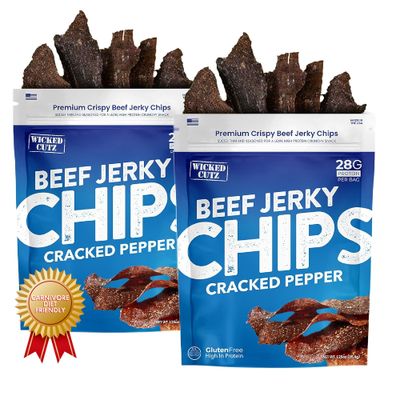Cracked Pepper Beef Jerky Chips - Thin, Crispy, Crunchy Beef Jerky Crisps with 28G Protein Per Bag &amp; Only 4 Ingredients, Carnivore Diet Snacks, Healthy Snacks for Adults, 1.25oz Each (2 Bags)