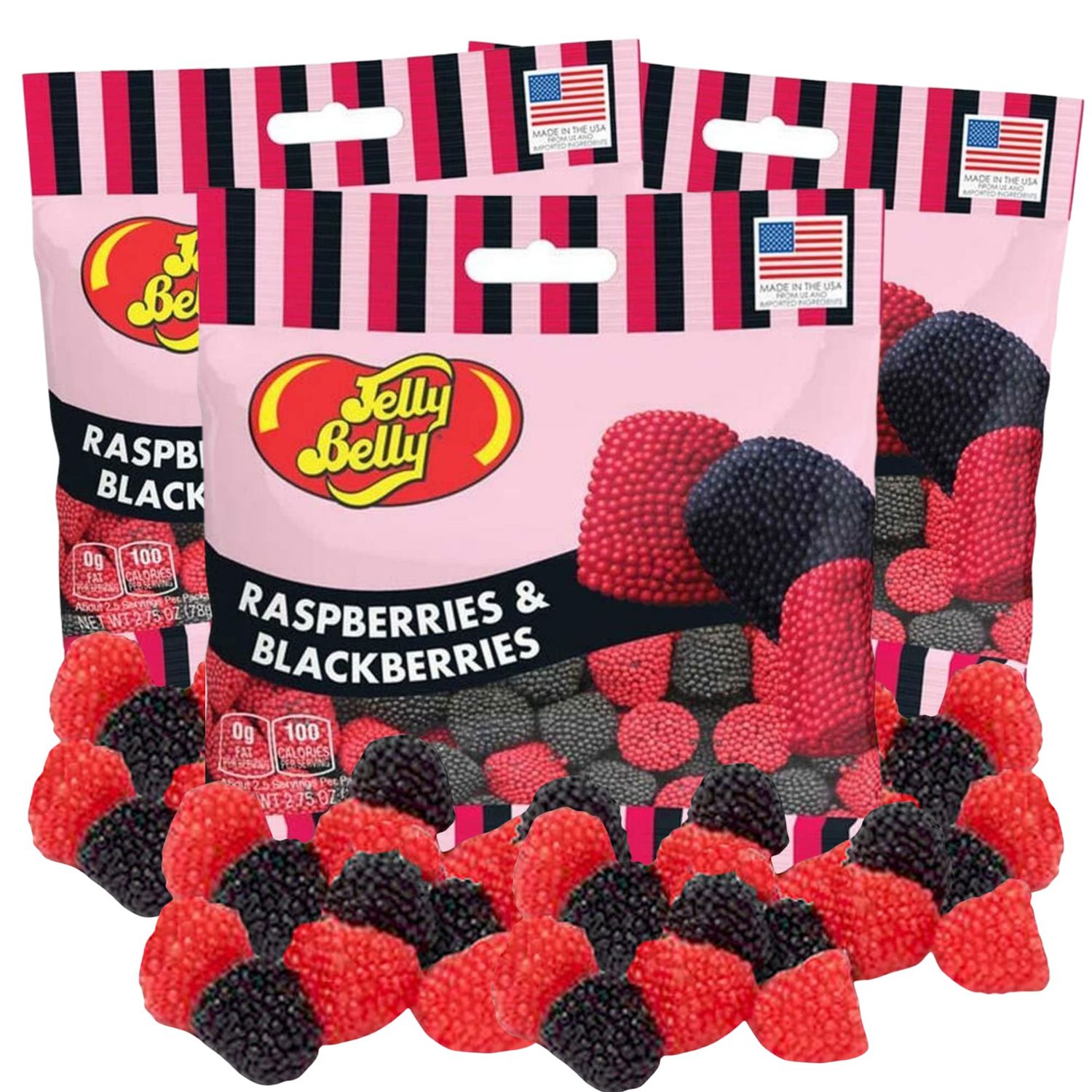 Jelly Bean Raspberries and Blackberries Grab and Go Snack Bags, Bite Size Chewy Candies, Fruity Flavored Gummy Candy, Pack of 3