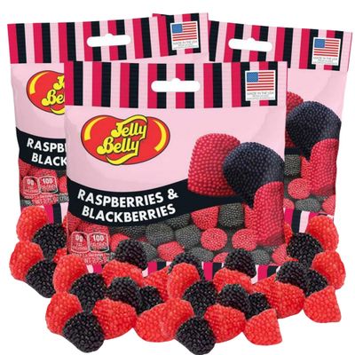 Jelly Bean Raspberries and Blackberries Grab and Go Snack Bags, Bite Size Chewy Candies, Fruity Flavored Gummy Candy, Pack of 3