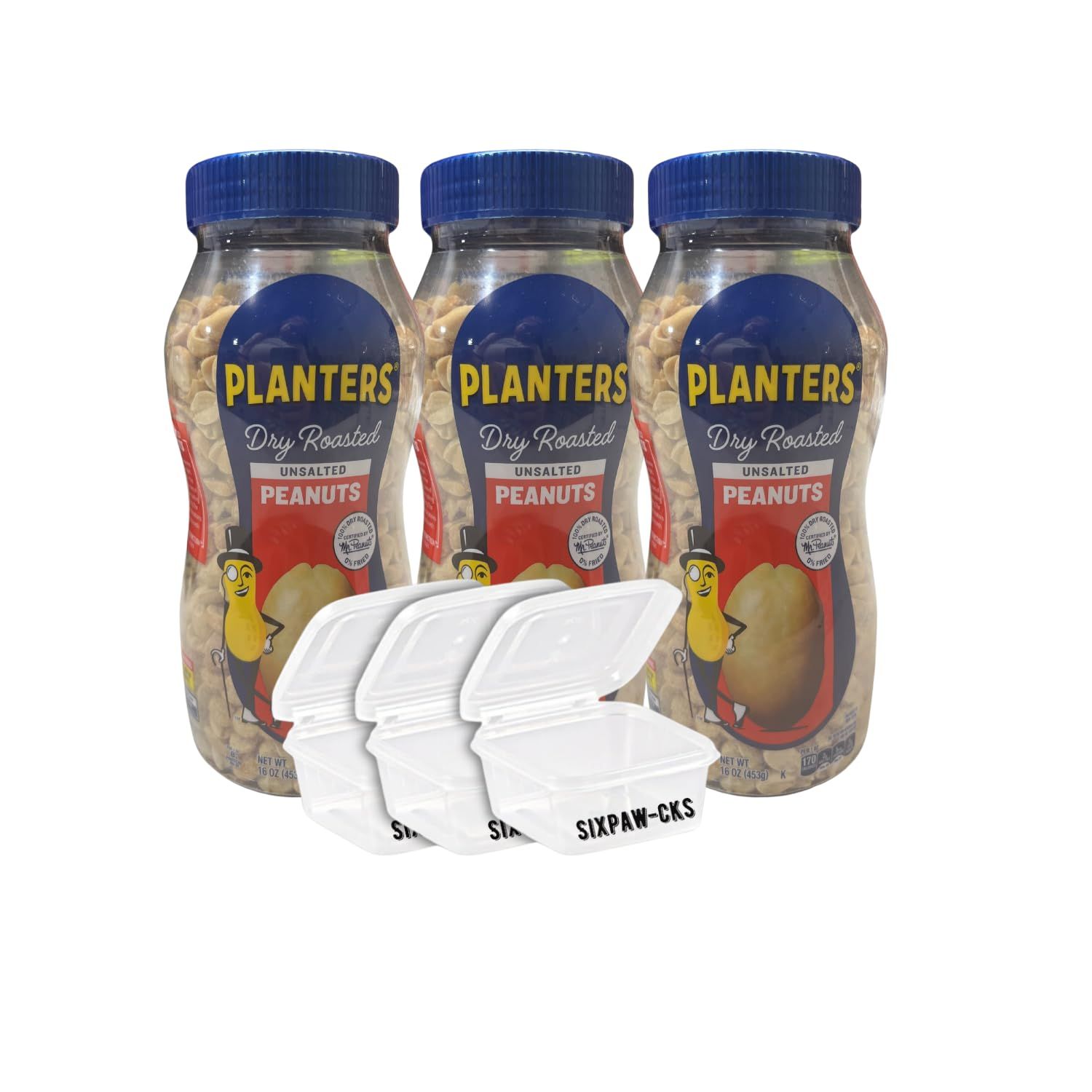 SIXPAW-CKS Sixpawcks Snack-to-Go Containers Bundle with Planters Unsalted Peanuts Pack 3 (16 oz)- Perfect for On-the-Go Snacking