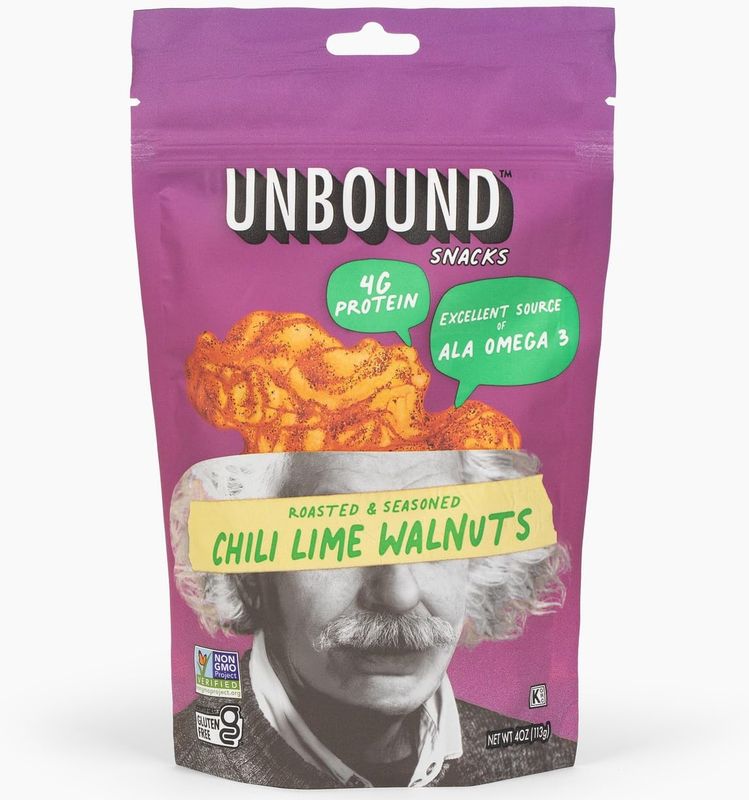 Unbound Snacks Flavored Nuts - Chili Lime Walnuts, 4 oz (Pack of 4) - Healthy Snacks, 4g Protein, 1g Sugar, High in Omega 3, Gluten Free, Vegan - Freshly Roasted &amp; Seasoned Gourmet Walnut Halves